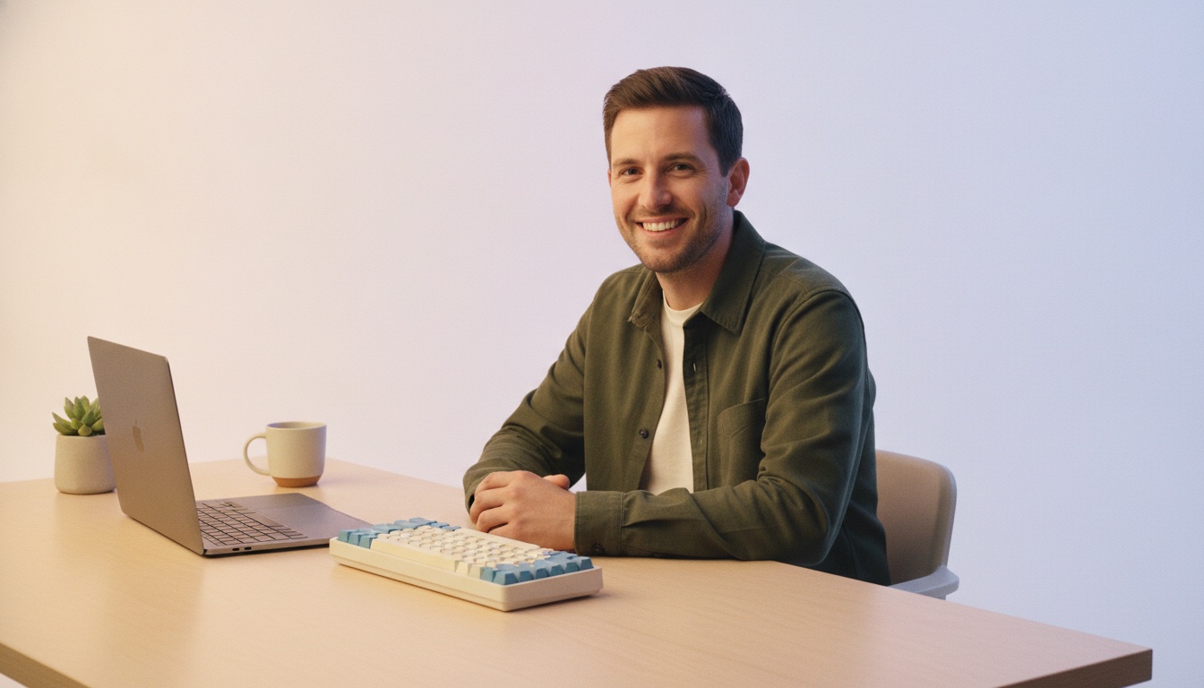 A smiling developer at a clean desk