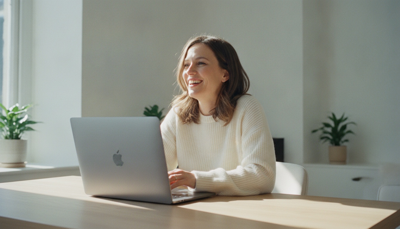 A woman speaking naturally at a sunlit desk with a closed MacBook