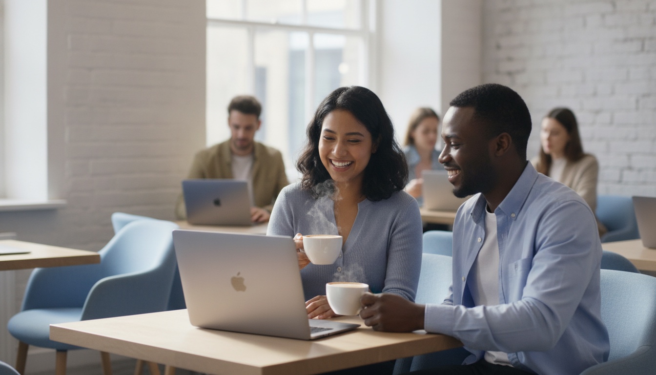 Two colleagues smiling over coffee and a closed MacBook