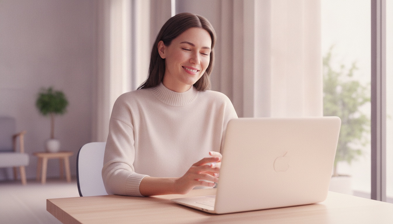 A calm portrait beside a closed MacBook — dictation that does not need the internet