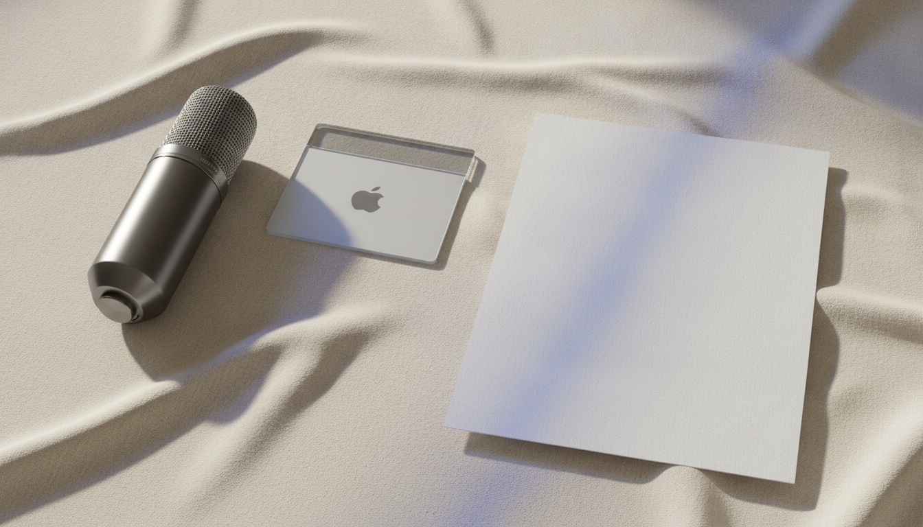 A sunlit desk with a closed MacBook ready for dictation