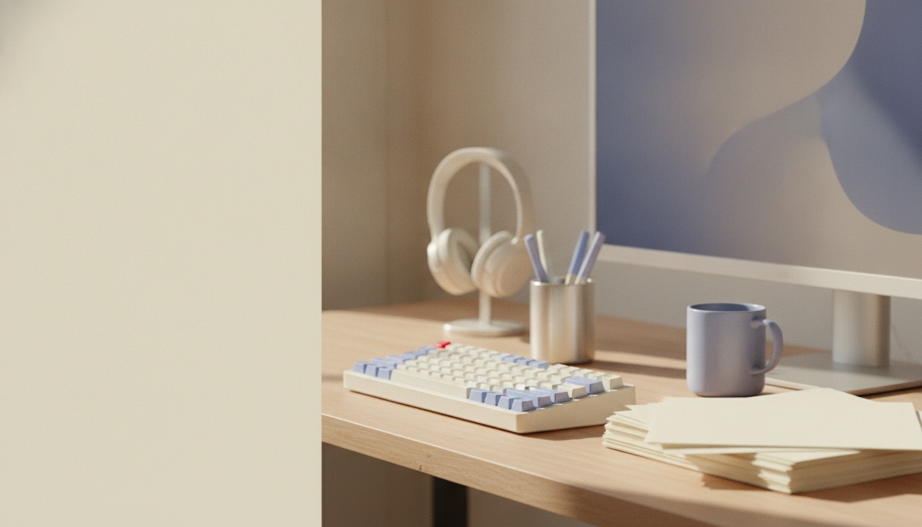 A writing desk with a typewriter-style keyboard and a stack of paper