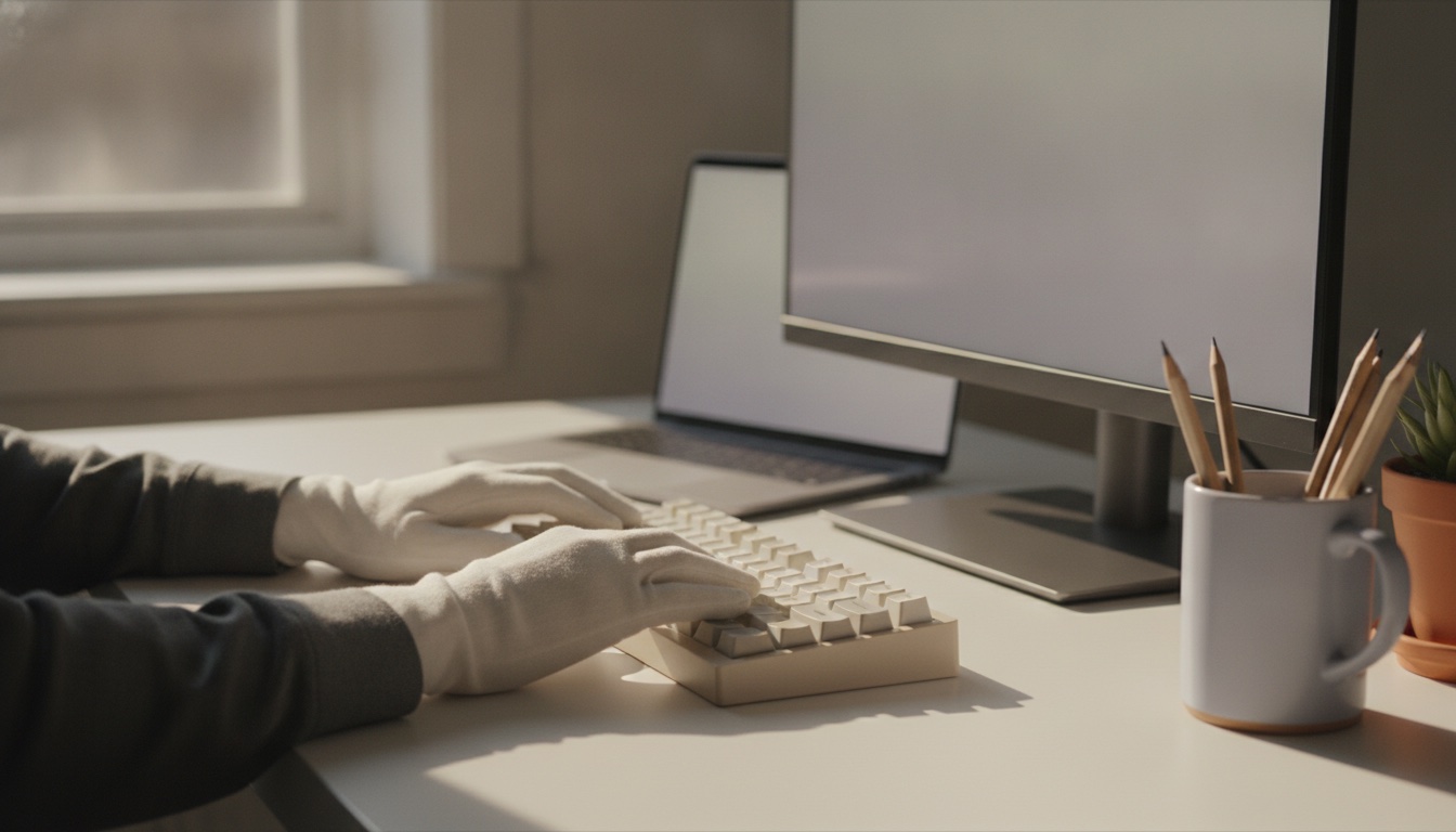 A developer's desk with an external monitor and a mechanical keyboard
