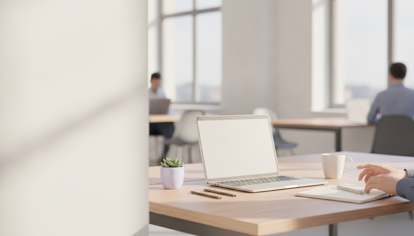 A laptop on a desk in a shared office with soft daylight