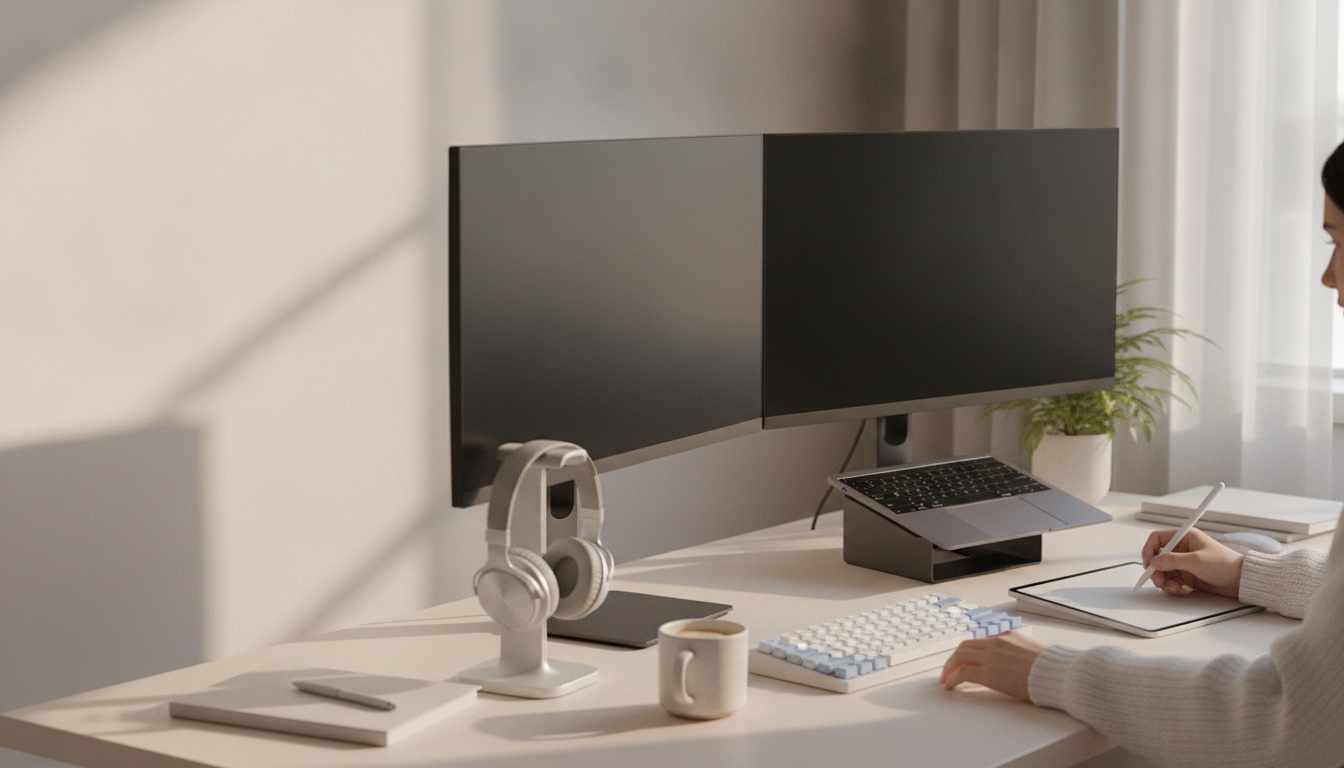 A tidy developer desk with two monitors switched off