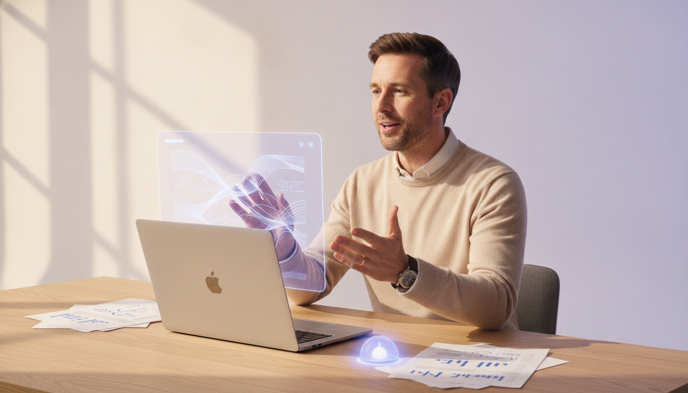 A desk with a Mac, notebook and coffee in morning light